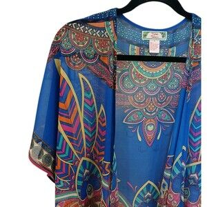 FLYING TOMATO Feather Geometric Boho Short Kimono Small Colorful Multicolor